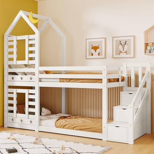 LTGB Bunk Bed with Storage, Children Cabin Bed Single Bed with Window for Kids, Twin Sleeper 190x90 cm, Solid Pine Wood, 3FT -White【UK Fast Delivery】
