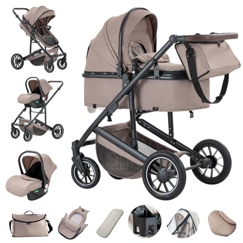 Gcarebb 3 in 1 Kinderwagen, Buggy Mit Auto Babyschale, Mit Höhenverstellbarer Kinderwagen Komplettset, KombiKinderwagen Mit Aluminiumrahmen für Neugeborene 0-4 Jahre