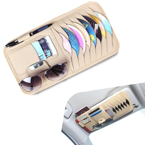dawfall 1 x CD-Tasche für Auto-Sonnenblende, multifunktional, mehrere Taschen, Leder, CD-Aufbewahrungshalter mit Sonnenbrillen, Stifthalter, Einhandgriff und Mitnehmen, tragbarer Organizer, universell