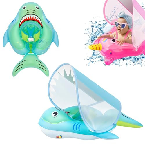 Galleggiante neonato 3-12 mesi, squalo blu anello gonfiabile piscina bambino galleggiante con sedile a baldacchino sole anti-flip coda, anello nuoto bambino Salvagente Neonato per i bambini