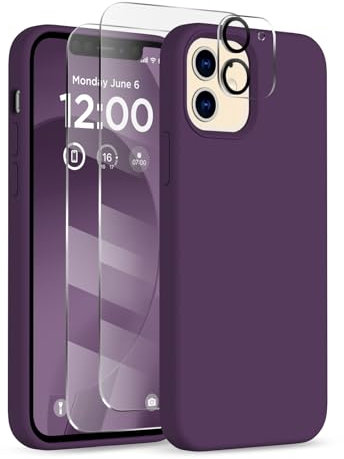 COFFKER for iPhone 12 Case and iPhone 12 Pro Case, [Camera Lens Protector + Screen Protector], Soft Microfiber Lining Silicone Shockproof Protective Slim Thin Phone Cover 6.1 inch, Dark Purple
