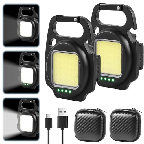2 Mini Taschenlampe Schlüsselanhänger mit Aufbewahrungstasche, 300 LM Schlüsselanhänger-Taschenlampe, 3 Lichtmodi, USB-Aufladung Notlicht Taschenlampe mit Klapphalterung, Flaschenöffner und Magnetfuß