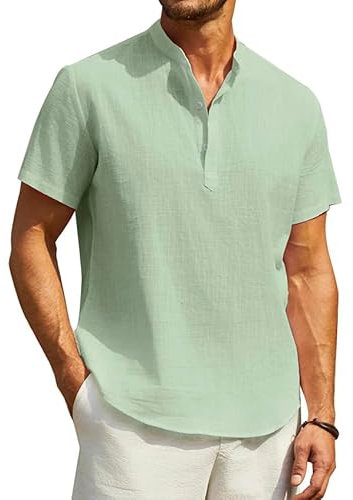Enlision Linen Grandad Shirts for Men Short Sleeve Sage Green Collarless Shirt Mens Solid Color Casual Summer Henley Tops 3XL
