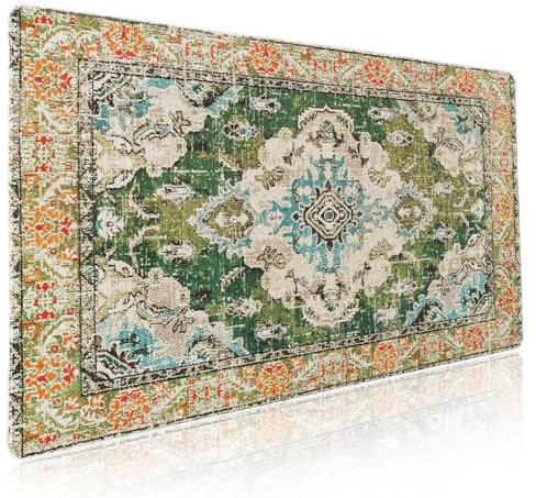 Mauspad, Vintage-Teppich, XXL, grün-orange, Retro-Teppich, ästhetisch, verlängerte Tischmatte, 90 x 40 cm, rutschfeste Gummiunterseite, genähter Rand, großes Mauspad für Gaming, Laptop, Computer,