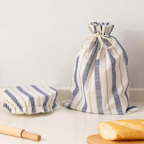 Brotbeutel Leinen Set Leinen Brotbeutel Aufbewahrung Frischhalten mit Schüsseldeckel - für Brot, Baguette,Selbstgemachtes Brot und Weitere Lebensmittel