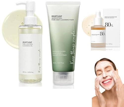 Set of 5 Heartleaf Soothing Toner 250ml, Heartleaf Quercetinol Pore Deep Cleansing Foam 150ml, Heartleaf Pore Control Cleansing Oil 200ml, Heartleaf Soothing Ampoule 30ml, Heartleaf 77% Toner