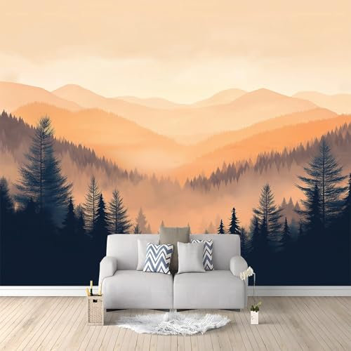 Forêt Brumeuse Montagnes Papier Peint Panoramique Orange Clair Peinture Murale Papier Peint 3D Fresque Salon Chambre, 200x140 cm