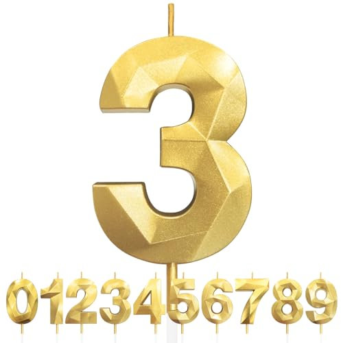 Geburtstagskerzen Zahlen 3, 5cm 3D Gold Geburtstagskerzen, Kerzen Geburtstag, Zahlenförmige Kerze, Tortendeko Geburtstag für Geburtstag Party, Hochzeiten, Jubiläen, Birthday Candle Nummer 3