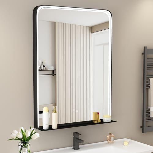 STARLEAD Badspiegel-mit-Beleuchtung 80x60cm, LED-Badspiegel mit Ablage, Dimmbar, 3 Lichtfarben, Entfogging, Speicherfunktion, IP44 Hartglas Badezimmerspiegel, Schwarze Metallrahmen