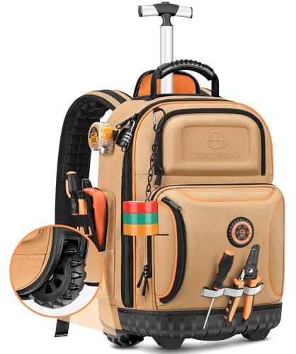 Rucksack Werkzeugtasche mit Rad, Rollwerkzeug-Rucksack für Elektriker, robuste Canvas-Roller-Werkzeugtasche auf Rad für Bauarbeiten, 75 Taschen und Schlaufen, Werkzeugrucksack mit geformtem Boden und