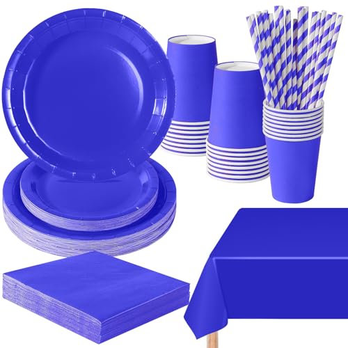 PYAILI Anniversaire Vaisselle de fete 121 Pièces Bleu Joyau Party Assiettes en Papier Set Assiettes de Fête Papier Tasses Serviettesr, pour Barbecue les Fêtes les Pique-niques -24 Invités
