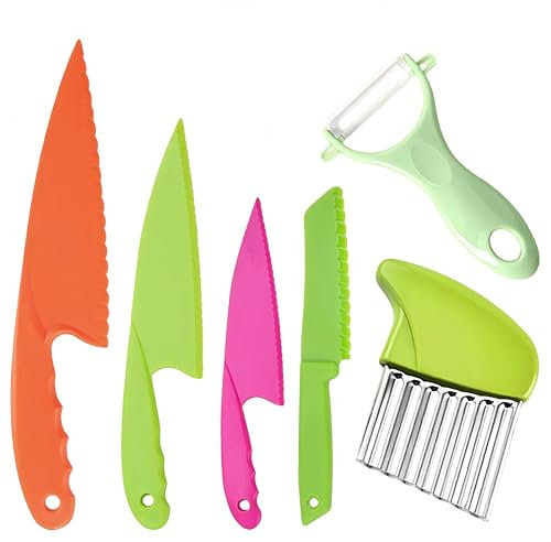 Zhenghebuy Juego de Cuchillos de Cocina para Niños,6 Piezas Cuchillo de Seguridad de Plástico,Cuchillos Niños Aprendizaje para Frutas,Verduras,Pasteles