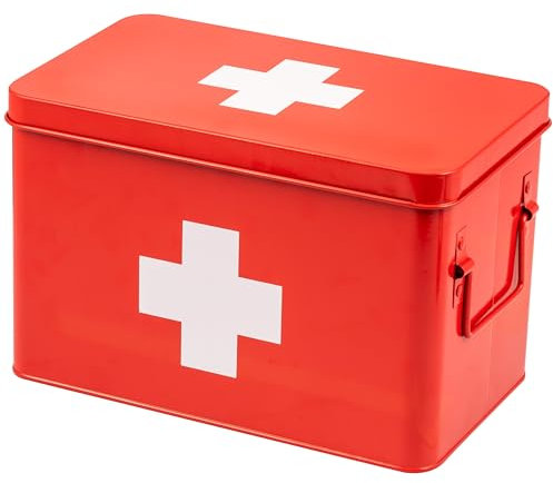 eluno große Medizinbox zur Aufbewahrung von Verbandsmaterial, Medizin und Arzneimittel, mit herausnehmbarem Tablett und 5 geräumigen Bodenfächer für Medikamente, Apothekenbox aus Metall (rot)
