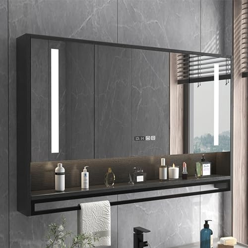 Modern Black LED Bathroom Mirror Cabinet with Revolving Doors Demisting Towel Rack Wall Mounted Storage Cupboard