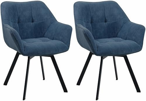 CLP Esszimmerstuhl 2er Set ergonomisch Jordi Cord, drehbar mit Armlehnen, Polstersessel, 4-Fuß-Metallgestell, bis 150 kg, mit Bodenschonern, Farbe:blau
