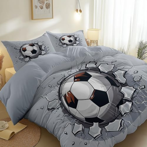 Bettwäsche 135 x 200 cm 3D Bettbezug Set, Weich Zeichentrickfilm Fußball Bettwäsche Set Doppelseitiger Microfaser Bettbezug und Kissenbezug 80x80cm, Grau