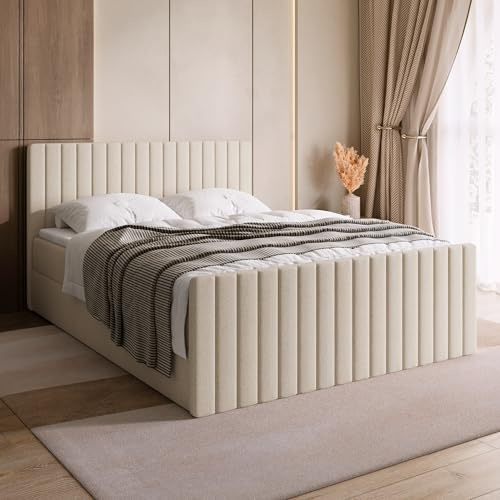 BROMARKT Boxspringbett 180x200 mit Bettkasten Topper Härte H3 Beige | Doppelbett mit Bonellmatratze gepolsterte Kopfstütze Fußteil Polsterbett Bett Bed Jugendbett Einzelbett hinterteil DREAM DUO