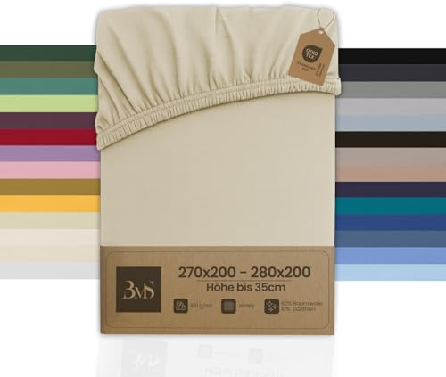 Bettwaesche-mit-Stil Familienbett Spannbettlaken Jersey Spannlaken Spannbetttuch (270x200-280x200 cm, Matratzenhöhe bis 35cm, Creme) Gewicht: 180g/m², 90% Baumwolle 10% Elasthan