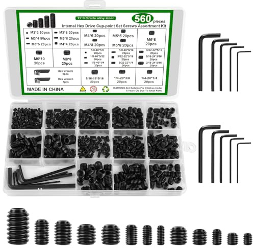 iuqiepo 560-Piece 25-Size Set Grub Screws, M3-M8, 1/8-5/16, Socket Head, Black Alloy Steel, Galvanised, Hex, Suitable for Door Handles, Faucets, Machinery