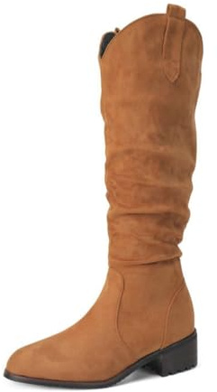 JZWBLDS Damen Kniehohe Cowboystiefel, Western Reitstil, V-Front-Design, Dicker Absatz Für Lässige Kleidung,Gelb,42 EU