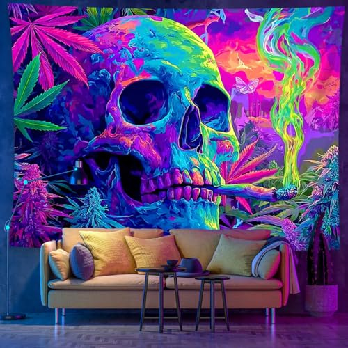 xueneige Rauchender Totenkopf Schwarzlicht-Wandteppich UV-reaktives Skelett Neon-Weed Psychedelischer Wandteppich Trippy für Schlafzimmer Wohnzimmer Spielzimmer Party-Hintergrund Dekoration