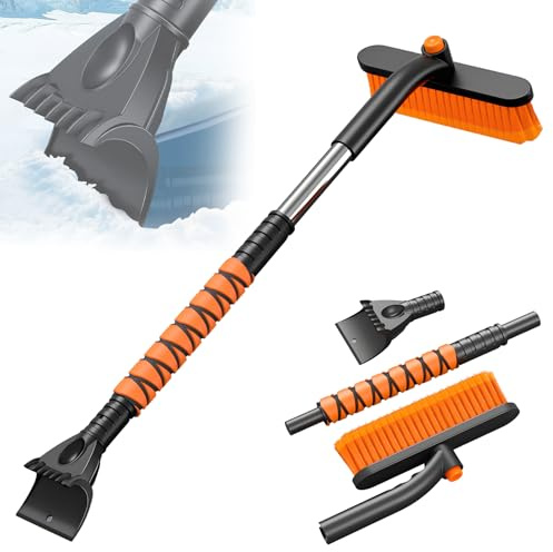 Eiskratzer Auto mit Besen,3 In 1 Eiskratzer mit Besen,Auto Schneebesen und Reinigungsbürste mit 360 Grad Bürstenkopf,Skalierbar 80cm Lange Schneebesen Auto für SUV,LKW,Windschutzscheibe (Orange)