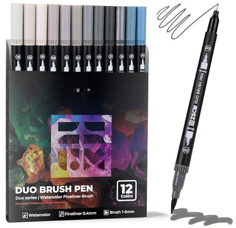 Grautöne Duo Tip Marker Stifte, 12er Set Feine & Pinselspitze Marker für Adult Coloring Books ohne Durchbluten, Neutrale Grau Marker für Schattierung, Urban Sketching und Architekturzeichnungen