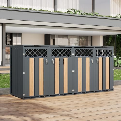 RAPRAP Mülltonnenbox 4-Er Mülltonnenhaus Für 4X Tonnen 120 Und 240 Liter, Stahl Verzinkt, Mit Klappdeckel, Rautenförmige Lüftungsöffnung, Trash Storage Compartments,Abschließbar,4 bin