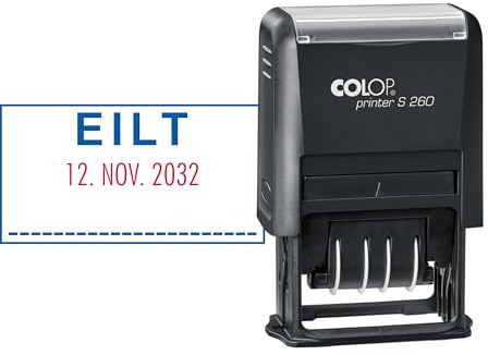 COLOP EILT Stempel mit Datum – selbstfärbend – zweifarbiger Abdruck (Datum rot/Text blau) – Printer S 260 – Bürostempel ca. 45 x 24 mm