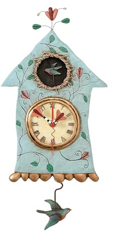 Enesco Allen Designs Birdhouse with Flowers Cuckoo Wall Clock - Battery Operated Pendulum Analog Clock, Stone Resin Decorative Clocks for Walls Home Decor Kitchen Clocks, 14.9 Inch