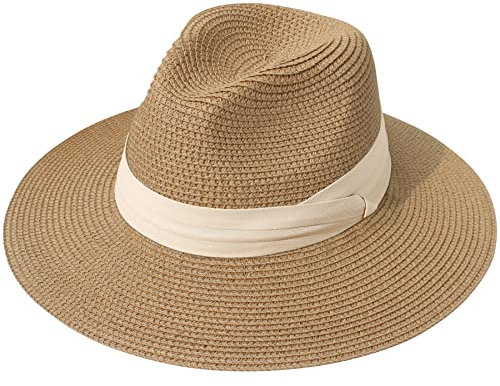 Lanzom Sombrero de paja para mujer, estilo panamá, con ala ancha, plegable, para playa, con protección solar 50+ - - Talla única