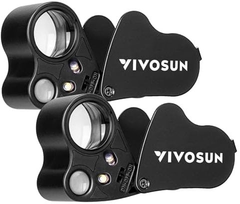 VIVOSUN 2er-Packung 30X 60X Beleuchtete Juwelierlupe mit LEC-Light, Faltbare Taschenlupe mit 2 Linsen für die Beobachtung von Schmuck, Edelsteine, Uhren, Münzen, Briefmarken, Antiquitäten, Schwarz
