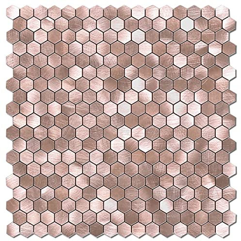 BeNice Metal Mini Hexagon Stick on Mosaic Tiles Stickers for Kitchen Splashback Self Adhesive Wall Fireplace(5 Sheets,Brown Rose Gold)