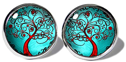 Lebensbaum Türkis Ohrstecker ABOUKI Damen Mädchen Kinder Edelstahl Ohrschmuck Motiv Baum des Lebens handgefertigte Ohrringe silber-farben