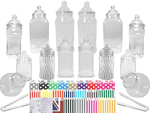 Truly Sweet Candy Lot de 14 bocaux à bonbons en plastique, 7 styles, 2 pinces et 50 sacs, idéal pour fête, mariage, table de bonbons, buffet de bonbons (sacs à pois noirs)