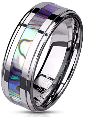 Paula & Fritz® Ring Damen Wolframcarbid Abalone-Inlay Gr. 49 (15,6) - 70 (22,3) Silber 6-mm 8-mm Breit Herren-Ring Damenring Verlobungsring Ehering