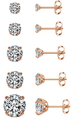 AllerPierce Rose Gold Stud Earrings for Women Cubic Zirconia Stud Earrings Set for Men Girls Hypoallergenic Small Sleeper Cartilage Studs Sensitive Ears Piercing Jewellery 3mm-8mm (5 Pairs)