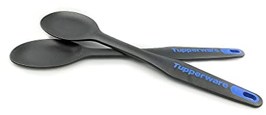 Tupperware 2x D174 Kochlöffel / TOP-Kochlöffel schwarz Kunststoff L ca. 31 cm x B ca. 6,2 cm flache Form, leichtes Umrühren, Spülmaschinenfest, bis 200 Grad Hitzebeständig