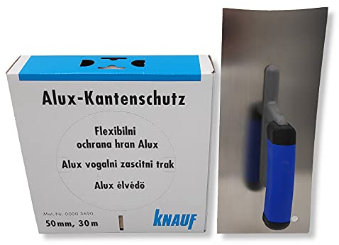 DEWEPRO Trockenbau Glättekelle konkav inkl. Knauf Alux-Kantenschutz 30m - Glattkelle mit 2 konkaven Seiten - Aufziehglätter aus Edelstahl mit abgerundeter Ecke