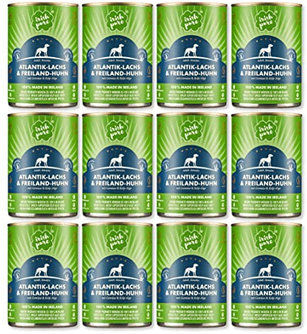 Irish Pure Premium Nassfutter für Hunde | 12x 390g | Atlantik-Lachs | Vitamine | Getreidefrei | Sensitiv | mit Superfood Kelp-Alge | Nassfutter für alle Rassen