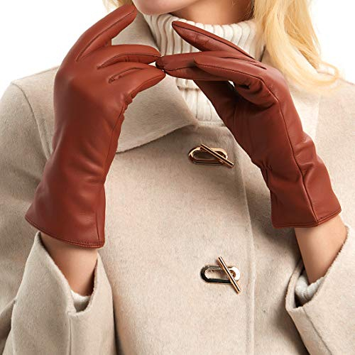 MGGMOKAY Womens Winter Leather Gloves Warm Cashmere Lined Touchscreen Driving Sheepskin Gloves,Cognac,L