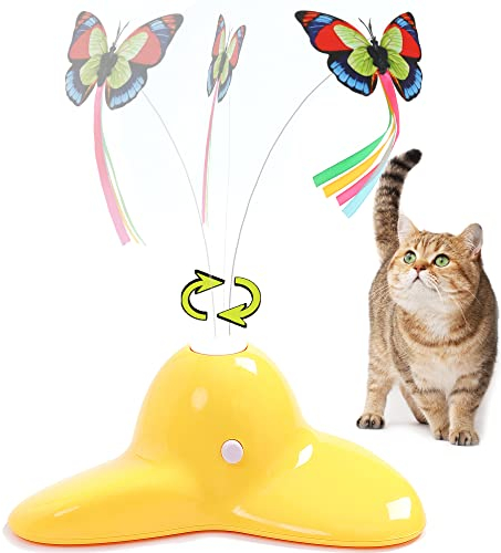 Vealind Interaktives Elektronische Katzenspielzeug mit Schmetterling, Batteriebetrieben mit 2 Schmetterling Automatisches Tumbler Spielzeug für Katze, Gelb