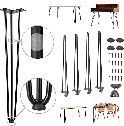 Lucn Lot de 4 pieds en épingle à cheveux ZJ34-2-B lck01 - 3 tiges de 12 mm en métal - Pour console et comptoir, table - Noir - 86 cm