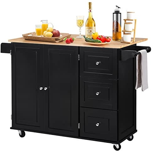 GIANTEX Küchenwagen auf Rollen, Küchenschrank mit Faltbarer Arbeitsplatte, Servierwagen Holz, bewegliche Kücheninsel, Rollwagen mit 3 Schubladen, Küchentrolley Gemüsewagen 111 x 76 x 91 cm Schwarz
