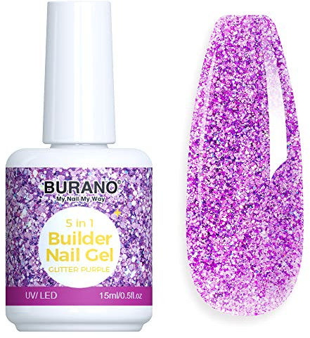 BURANO 5 in 1 Builder Base Strengthening Gel 15ml 0.5 oz, Gel Nail Polish for Hard Gel Nail Extension Quick Building Gel, Builder Gel in a Bottle (GlitterPurple)