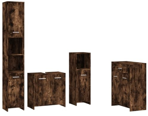 vidaXL Badmöbel Set 4 TLG., Badezimmermöbel mit Hochschrank Waschbeckenunterschrank Midischrank, Badschrank mit viel Stauraum, Waschtischschrank Badezimmermöbel, Räuchereiche Holzwerkstoff