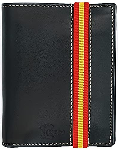 Hispapiel Cartera Hombre pequeña con Bandera de España. Billetera de Piel Negra Caballero, Tarjetero Monedero de Cuero auténtico. Made in Spain (Vertical)