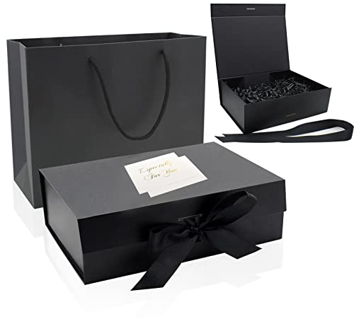CIOUYAOS Gift Box with Lids, Black Personalised Magnetic Packaging Cardboard Box with Shredded Paper, Paper Bags and 2 Greeting Card for Christmas Wedding Birthday Holidays Anniversaries Presents