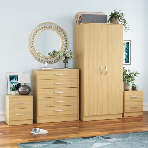 Vida Designs Riano 4 Piece Bedroom Furniture Sets, 2 Door Wardrobe, 5 Drawer Chest & 2 Bedside Cabinets (Pine)