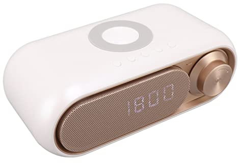 Digital Alarm Clock, Alarm Clock Radio with Wireless Charging Bluetooth Speaker LED Simple Modern Digital Alarm Clock FM Radio Speaker with Wireless Charger for Bedrooms, Bedside (White Spray Gold